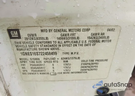 2002 Chevrolet Trailblazer Ext Lt from USA, damaged, VIN 1GNES16S722458499